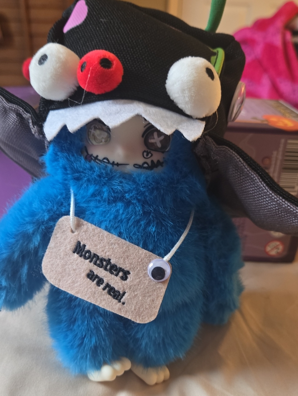 Baby Three Plush Halloween Blue Monster Stuffed Animal with Hat Rare Collectible